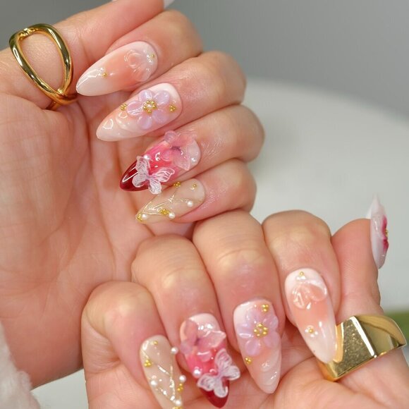 tipsy | Handmade Press On Nails | Almond Medium| Floral 3D Nail | Rosè All Day - Picture 6 of 14